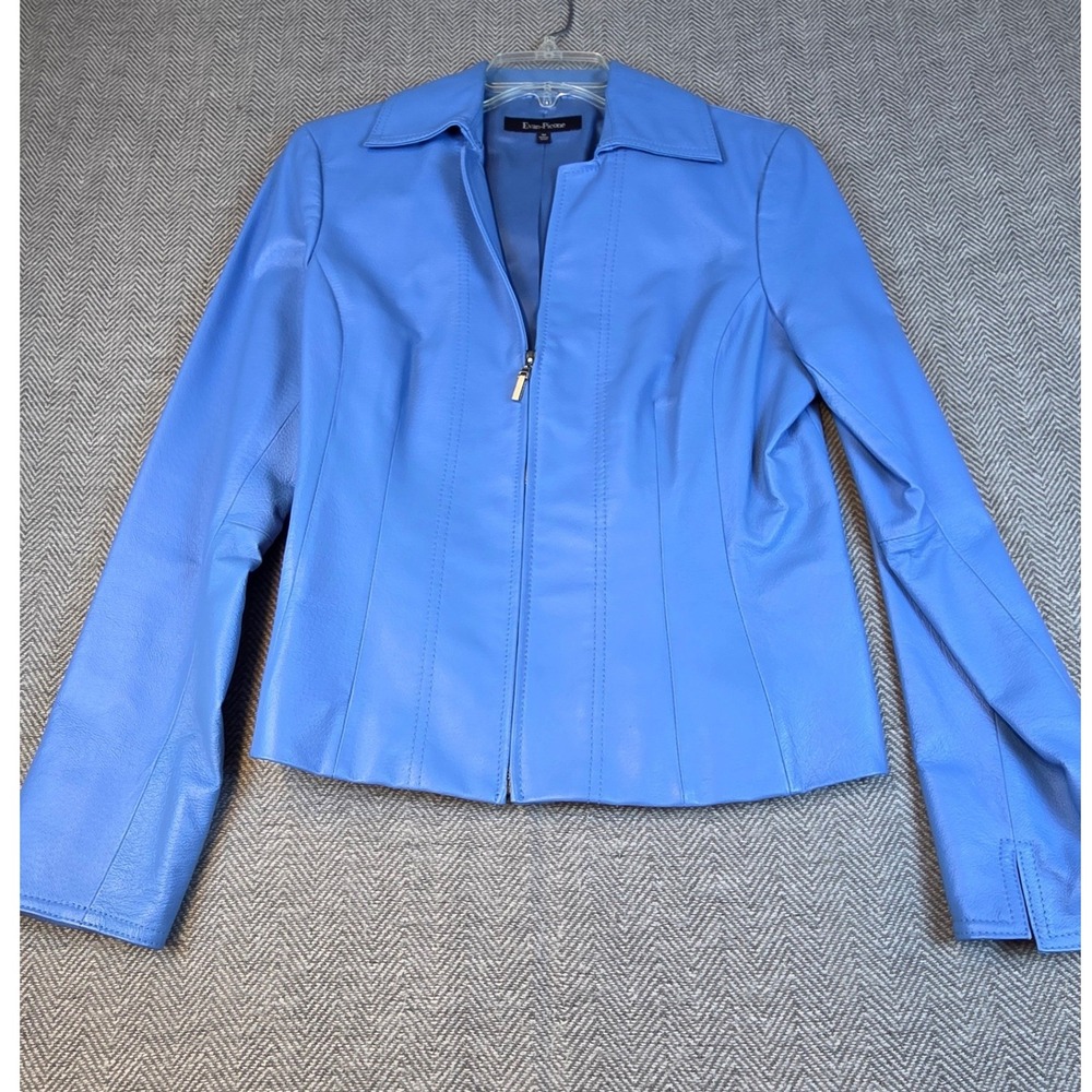 Evan-Picone Womens Blue Leather Full Zip Tailored Jacket Size Medium RN 54050